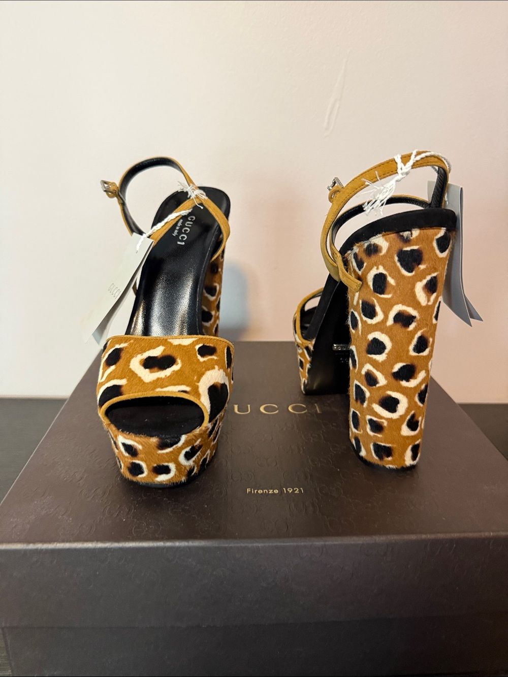 Gucci Leopard-Print Platform Sandals in Tan and Black